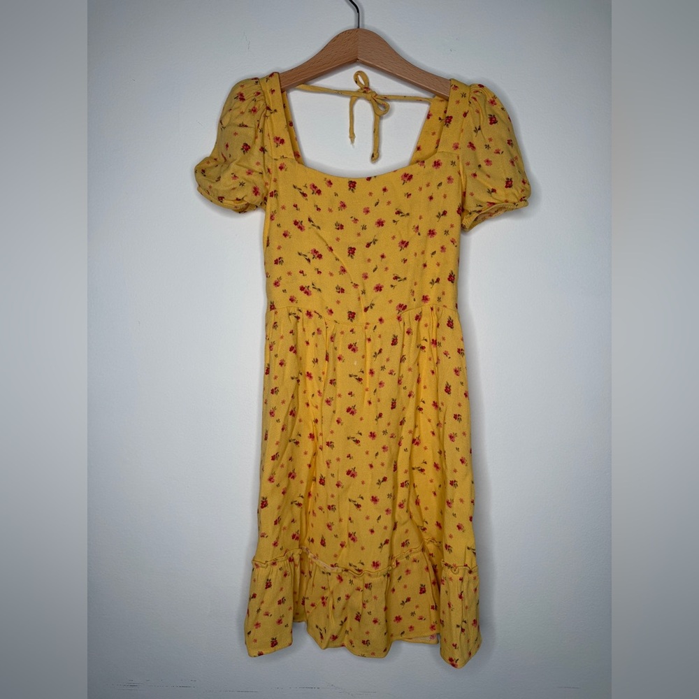 Reformation Yellow Floral Square-Neck Midi Dress with Red Accents